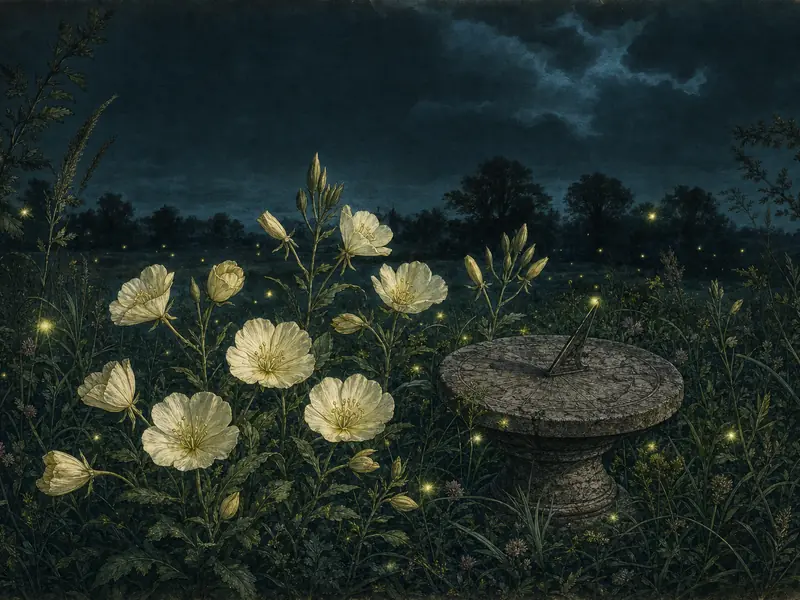 Evening primroses opening in a night meadow beside an old stone sundial, drawn as a Victorian botanical plate