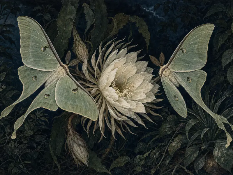 Two luna moths circling a single night-blooming cereus flower in a dark garden, drawn as a Victorian botanical plate