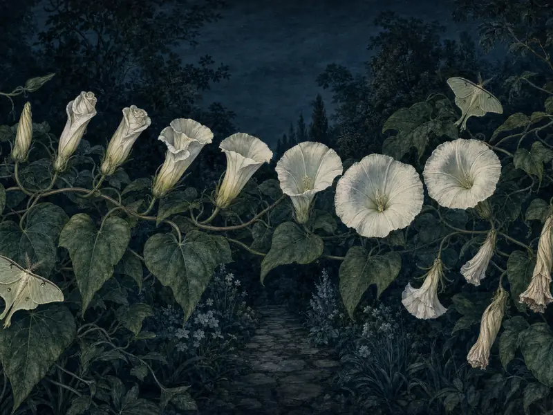 Moonflowers along a night garden path, drawn as a Victorian botanical plate, from tight buds to full white blooms