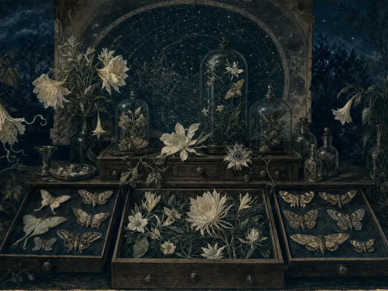 A night herbarium cabinet with open drawers of pressed flowers and pinned moths, a star chart behind it, drawn as a Victorian botanical plate