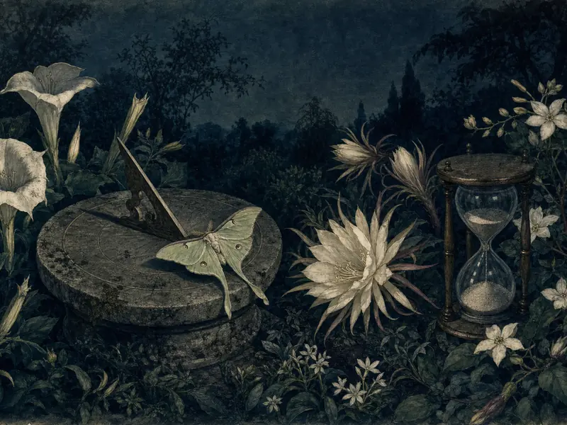 A night garden drawn as a Victorian botanical plate: a stone sundial with a luna moth, an hourglass and night-blooming flowers
