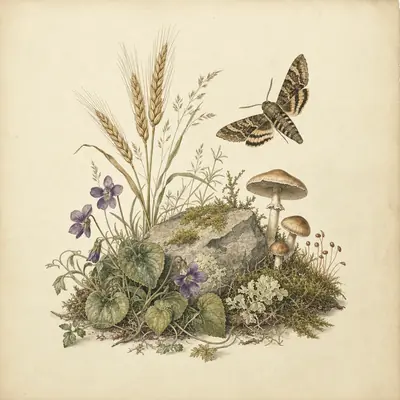 Botanical plate of earthy plants: wheat ears, moss, mushrooms and violets around a stone, with a moth