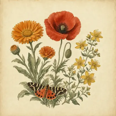 Botanical plate of warm-coloured flowers: marigold, red poppy and St John's wort, with a tiger moth