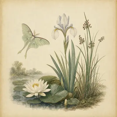 Botanical plate of water plants: white water lily, iris and rushes at a pond edge, with a luna moth