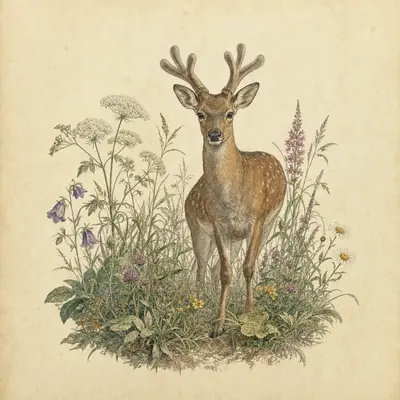 Botanical plate: a young buck deer with velvet antlers standing in summer meadow flowers