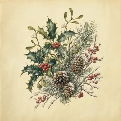 Botanical plate: holly with red berries, mistletoe, a frosted pine branch with cones and red winter berries