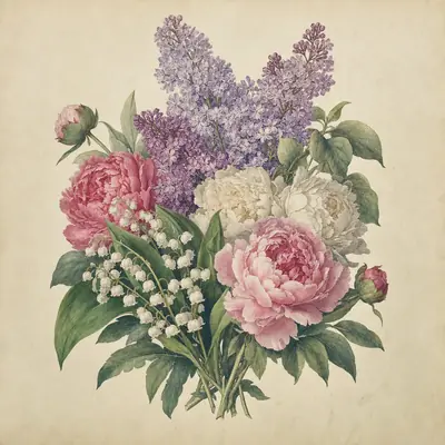 Botanical plate: a bunch of purple lilac, pink and white peonies and lily of the valley