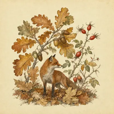 Botanical plate: a red fox among fallen oak leaves under an oak branch with acorns and rose hips