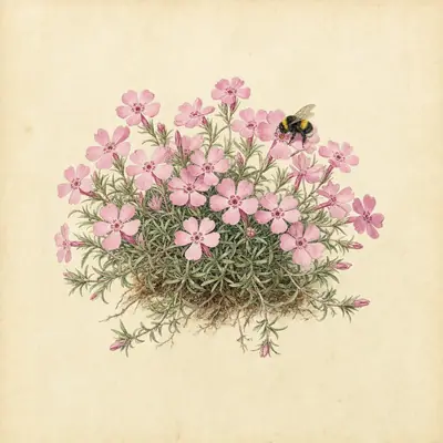 Botanical plate: a low cushion of pink creeping phlox in bloom with a bumblebee