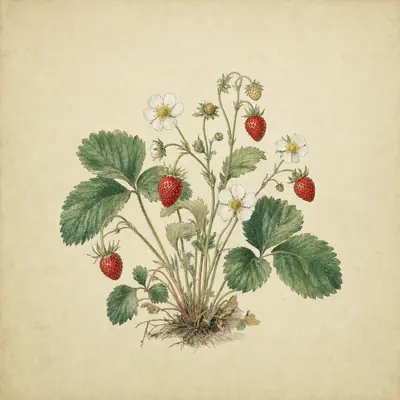 Botanical plate: a wild strawberry plant with white flowers and ripe red berries