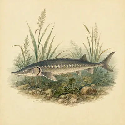 Botanical plate: a lake sturgeon swimming low among reeds and grasses on a lake bed