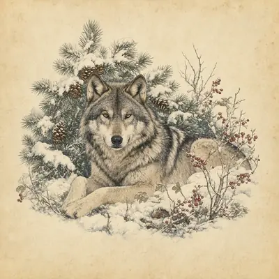 Botanical plate: a grey wolf lying in snow under a snow-laden pine with cones, beside a bare shrub with red berries