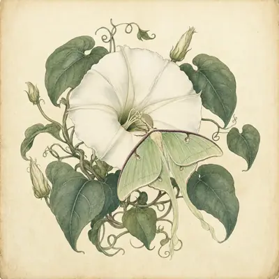 Botanical plate: a moonflower in full white bloom with a luna moth at the flower