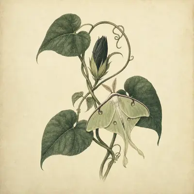 Botanical plate: a tightly closed moonflower bud on its vine, a luna moth asleep beside it