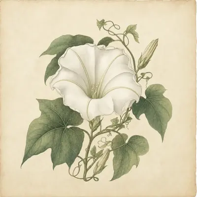 Botanical plate: a moonflower in full bloom, the rim beginning to soften