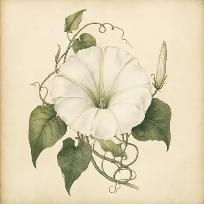 Botanical plate: a moonflower almost fully open, the white trumpet nearly flat