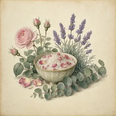 Botanical still life: a bowl of bath salts with rose petals, lavender sprigs and a eucalyptus branch