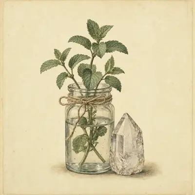 Botanical still life: a clear glass jar of water with a sprig of mint and a quartz crystal, tied with twine