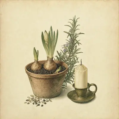 Botanical still life: a clay pot of soil with seeds and sprouting bulbs, a sprig of rosemary and an unlit candle